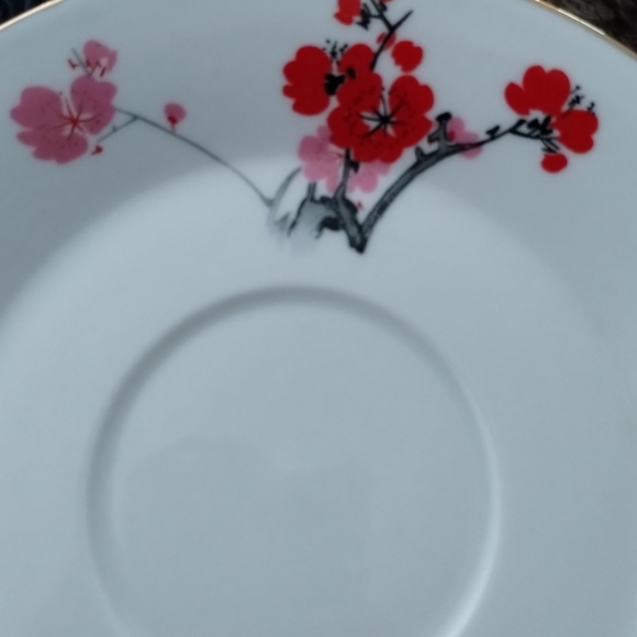 Vintage Chinese Hand-painted Cherry Blossom Teacup and Saucer with Gold Trim - Picture 8 of 16